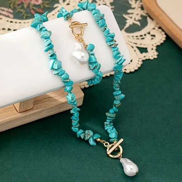 Turquoise and Pearl Beaded Golden  Necklace and Bracelet Set Fashion Jewelry - Picture 2 of 8